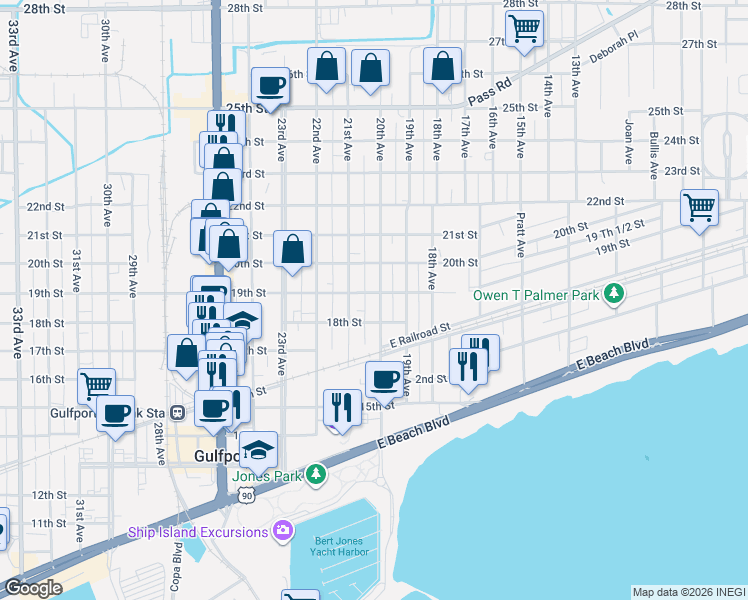 map of restaurants, bars, coffee shops, grocery stores, and more near 2000 19th Street in Gulfport