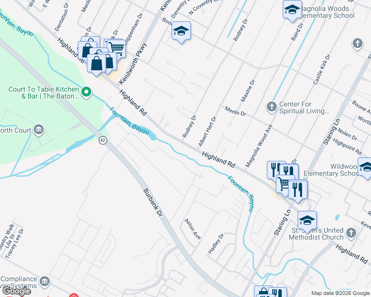 map of restaurants, bars, coffee shops, grocery stores, and more near 7940 Highland Road in Baton Rouge