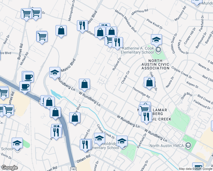 map of restaurants, bars, coffee shops, grocery stores, and more near 1647 Rutland Drive in Austin