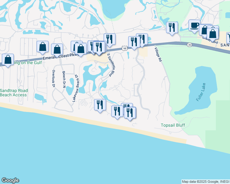 map of restaurants, bars, coffee shops, grocery stores, and more near 5409 Tivoli Terrace Drive in Miramar Beach