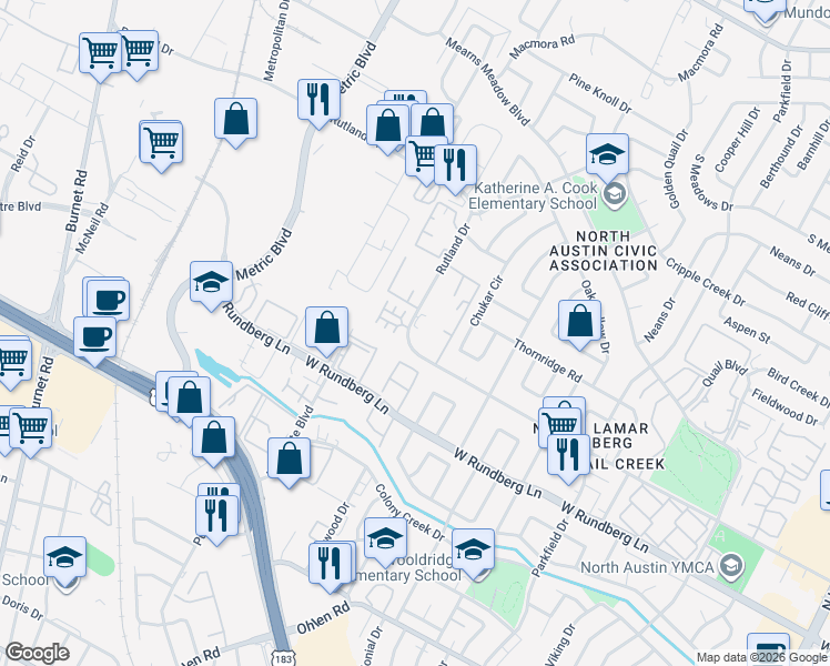map of restaurants, bars, coffee shops, grocery stores, and more near 1630 Rutland Drive in Austin