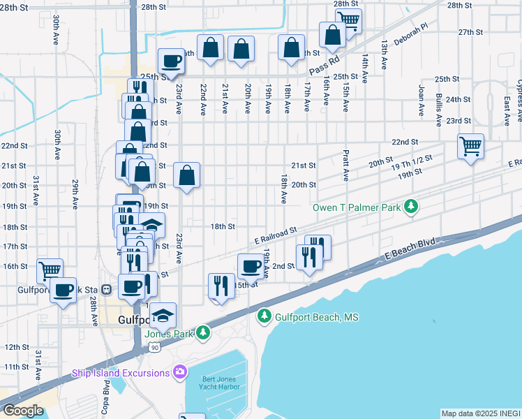 map of restaurants, bars, coffee shops, grocery stores, and more near 1821 19th Avenue in Gulfport