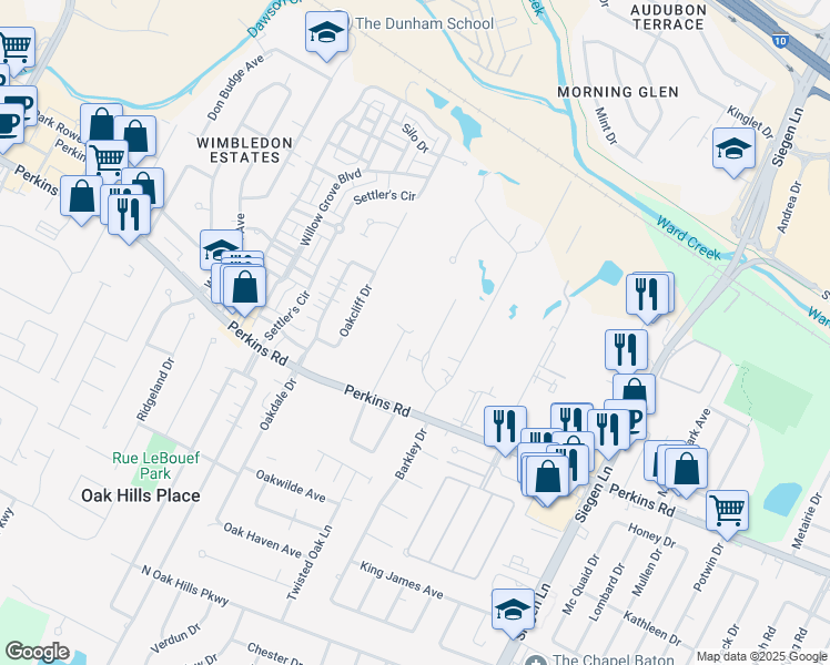map of restaurants, bars, coffee shops, grocery stores, and more near 11841 Thornberry Lane in Baton Rouge