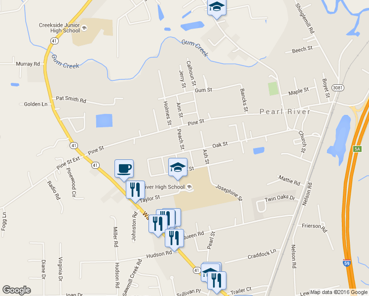 map of restaurants, bars, coffee shops, grocery stores, and more near 64578 Peach Street in Pearl River