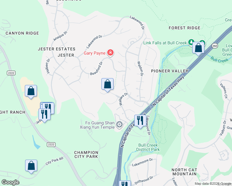 map of restaurants, bars, coffee shops, grocery stores, and more near 6408 Wallace Cove in Austin