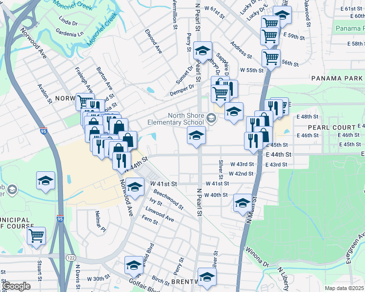map of restaurants, bars, coffee shops, grocery stores, and more near 5455 Springfield Boulevard in Jacksonville