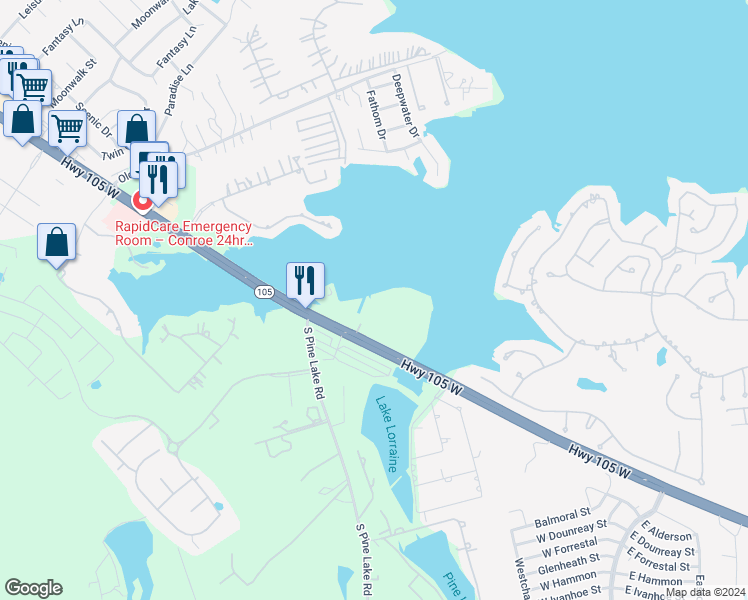 map of restaurants, bars, coffee shops, grocery stores, and more near 17570 Texas 105 in Montgomery