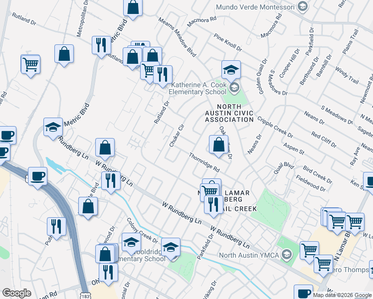 map of restaurants, bars, coffee shops, grocery stores, and more near 1603 Springer Lane in Austin