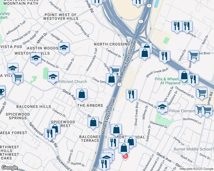 map of restaurants, bars, coffee shops, grocery stores, and more near 8610 North Mopac Expressway in Austin