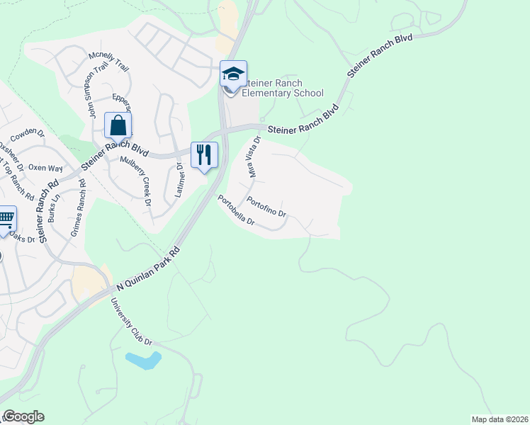 map of restaurants, bars, coffee shops, grocery stores, and more near 12005 Portofino Drive in Austin