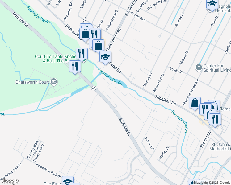 map of restaurants, bars, coffee shops, grocery stores, and more near 7957 Valencia Court in Baton Rouge
