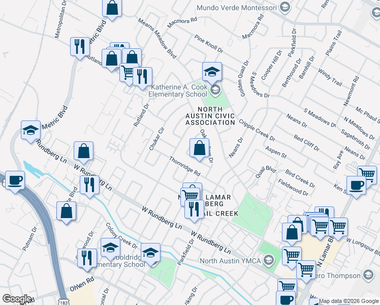 map of restaurants, bars, coffee shops, grocery stores, and more near 1504 Desert Quail Lane in Austin