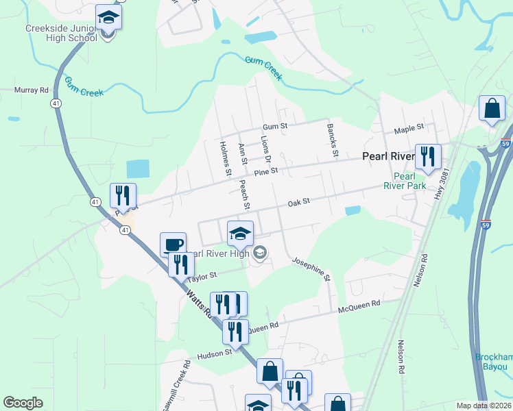 map of restaurants, bars, coffee shops, grocery stores, and more near 64578 Peach Street in Pearl River