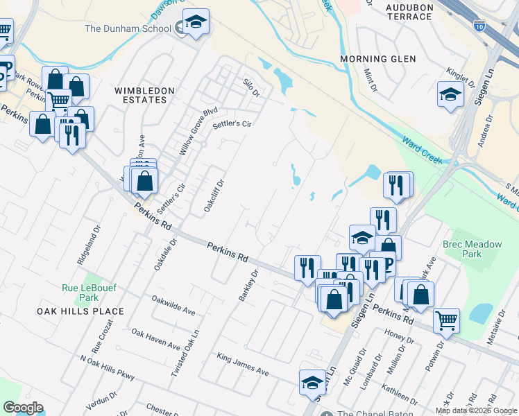 map of restaurants, bars, coffee shops, grocery stores, and more near 11841 Thornberry Lane in Baton Rouge