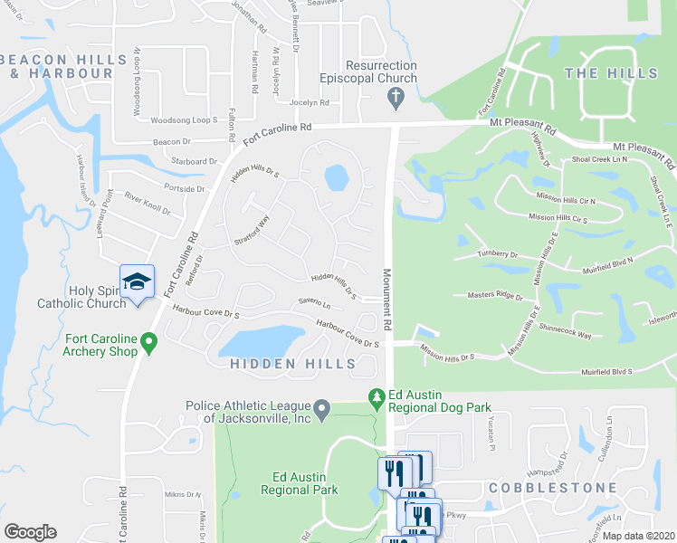 map of restaurants, bars, coffee shops, grocery stores, and more near 12140 Spiney Ridge Drive South in Jacksonville