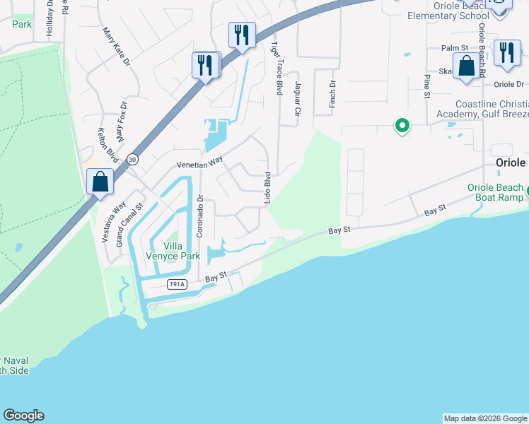 map of restaurants, bars, coffee shops, grocery stores, and more near 2828 Via Roma Court in Gulf Breeze