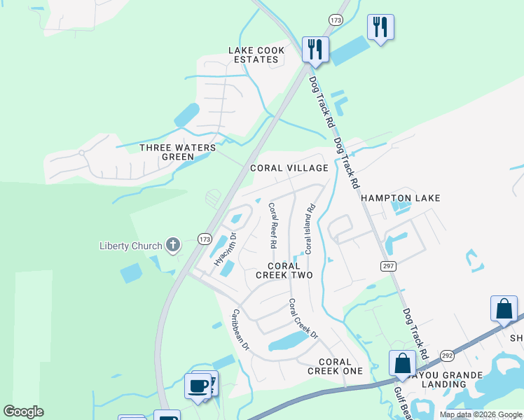 map of restaurants, bars, coffee shops, grocery stores, and more near 2162 Antillies Drive in Pensacola