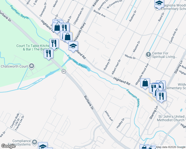 map of restaurants, bars, coffee shops, grocery stores, and more near 8069 Valencia Court in Baton Rouge