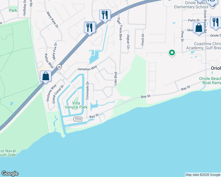 map of restaurants, bars, coffee shops, grocery stores, and more near 2828 Via Roma Court in Gulf Breeze