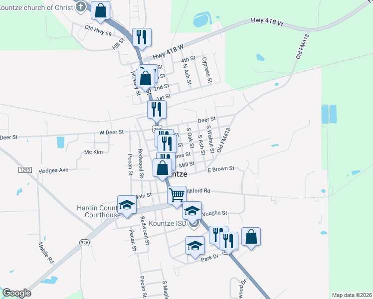 map of restaurants, bars, coffee shops, grocery stores, and more near 450 Bear Street in Kountze
