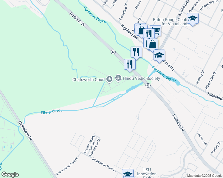 map of restaurants, bars, coffee shops, grocery stores, and more near 1004 South Kenilworth Parkway in Baton Rouge