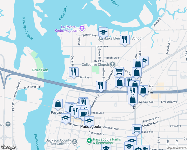 map of restaurants, bars, coffee shops, grocery stores, and more near 4002 Pine Street in Pascagoula