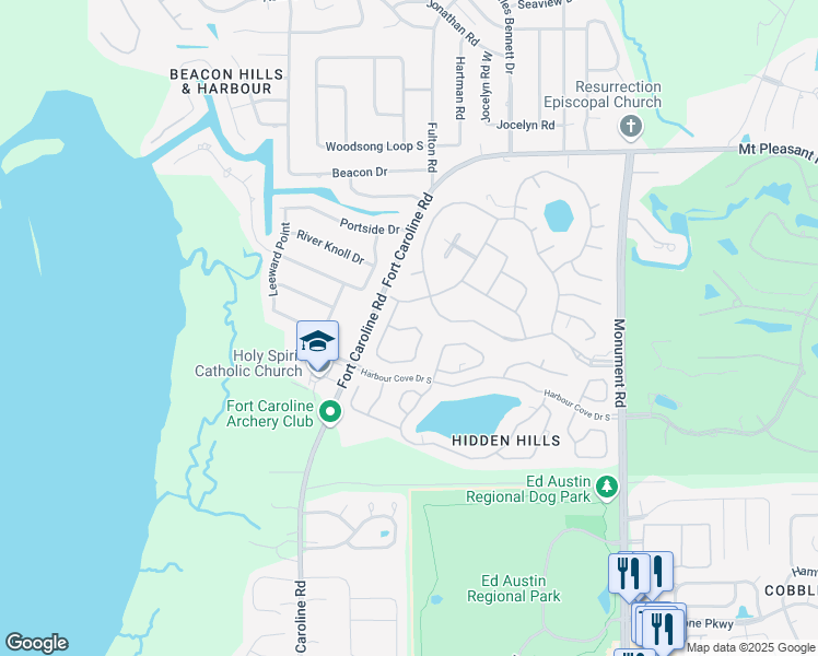 map of restaurants, bars, coffee shops, grocery stores, and more near 11630 Sherborne Circle North in Jacksonville