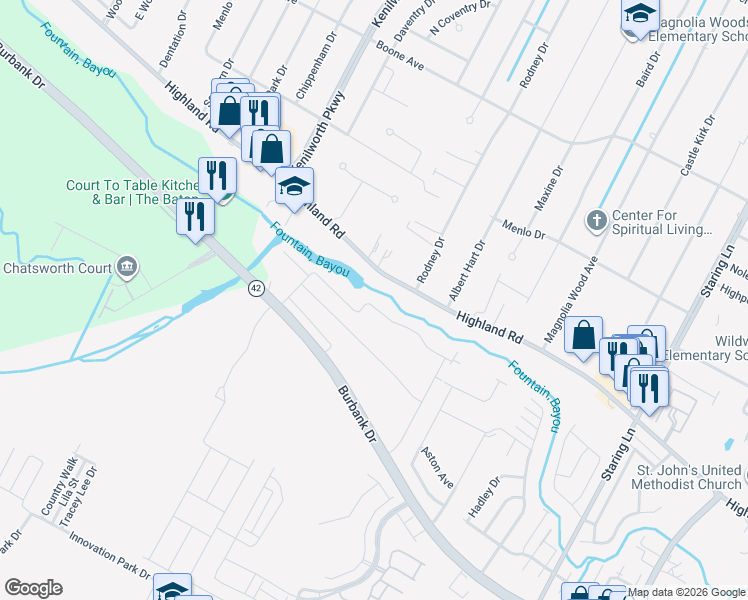 map of restaurants, bars, coffee shops, grocery stores, and more near 8069 Valencia Court in Baton Rouge