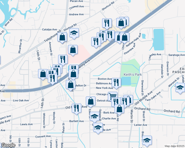 map of restaurants, bars, coffee shops, grocery stores, and more near 3102 Nathan Hale Avenue in Pascagoula