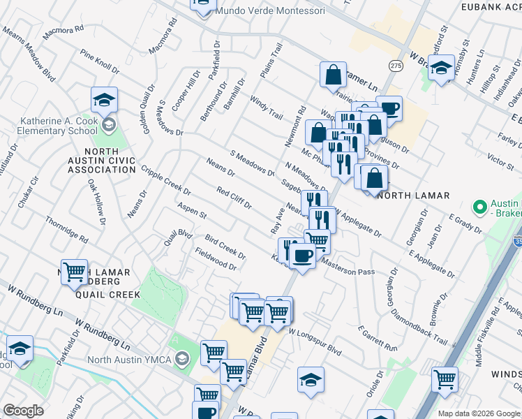map of restaurants, bars, coffee shops, grocery stores, and more near 908 Red Cliff Drive in Austin