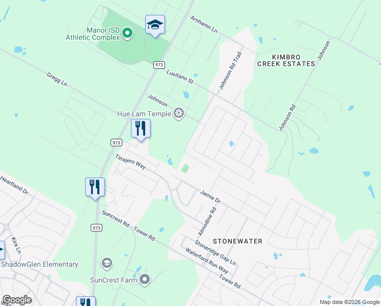 map of restaurants, bars, coffee shops, grocery stores, and more near 14800 Breccia Road in Manor