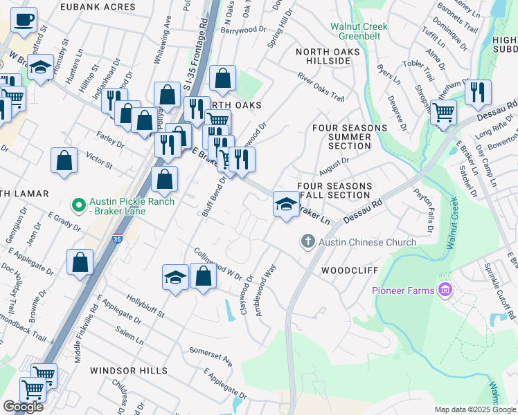 map of restaurants, bars, coffee shops, grocery stores, and more near 11110 Tom Adams Drive in Austin