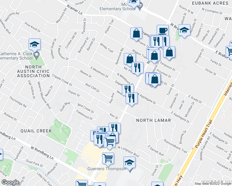 map of restaurants, bars, coffee shops, grocery stores, and more near 839 Neans Drive in Austin