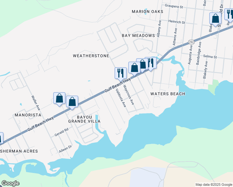 map of restaurants, bars, coffee shops, grocery stores, and more near 185 Valdosta Avenue in Pensacola
