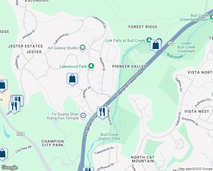 map of restaurants, bars, coffee shops, grocery stores, and more near 6101 Waldon Drive in Austin