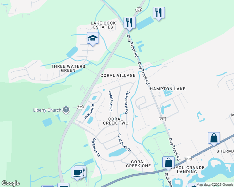 map of restaurants, bars, coffee shops, grocery stores, and more near 2131 Coral Creek Drive in Pensacola