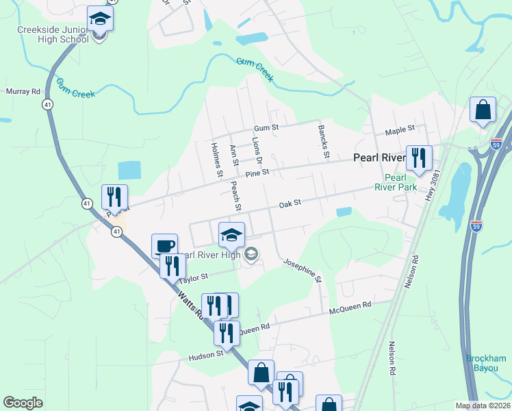 map of restaurants, bars, coffee shops, grocery stores, and more near 39171 Oak Street in Pearl River