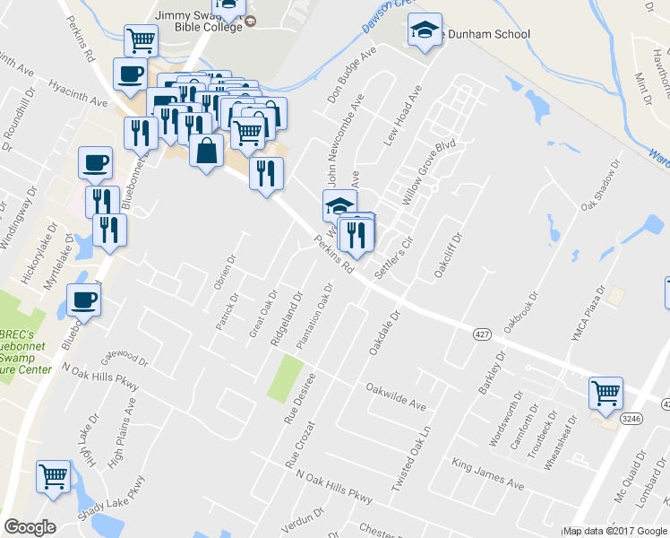 map of restaurants, bars, coffee shops, grocery stores, and more near 1827 Plantation Oak Drive in Baton Rouge