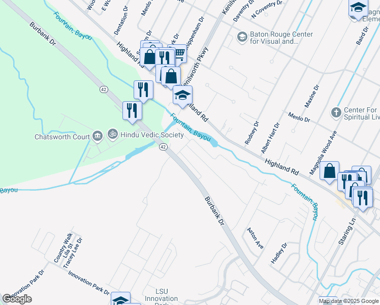 map of restaurants, bars, coffee shops, grocery stores, and more near 7844 Seville Court in Baton Rouge
