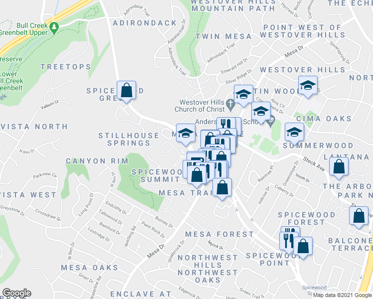 map of restaurants, bars, coffee shops, grocery stores, and more near 4413 Spicewood Springs Road in Austin