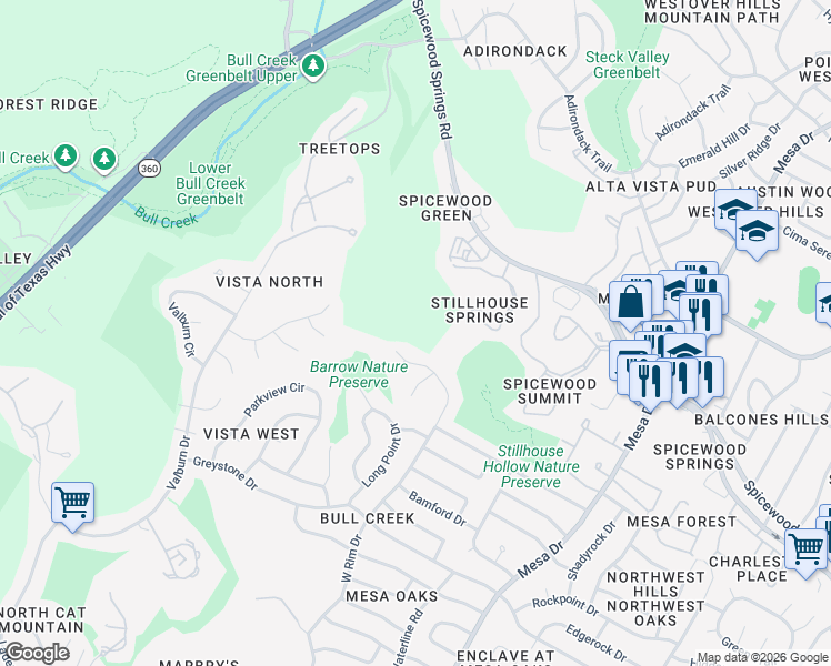 map of restaurants, bars, coffee shops, grocery stores, and more near 7804 West Rim Drive in Austin