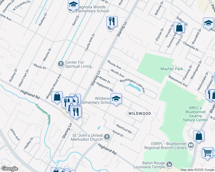 map of restaurants, bars, coffee shops, grocery stores, and more near 9135 Highpoint Road in Baton Rouge