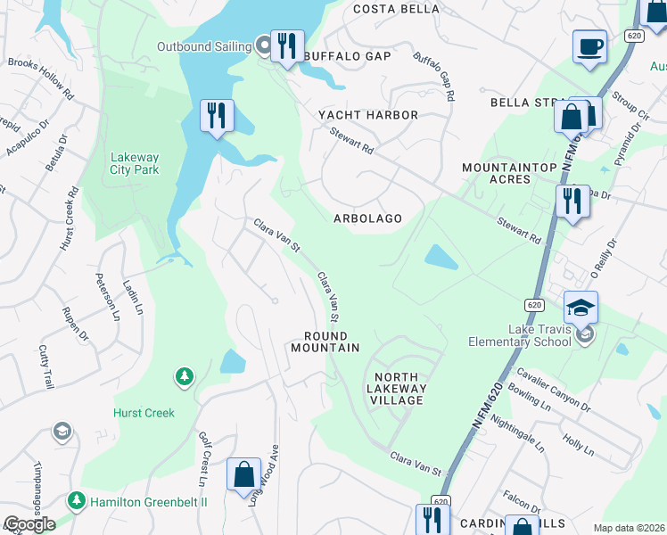 map of restaurants, bars, coffee shops, grocery stores, and more near 16126 Clara Van Street in Austin