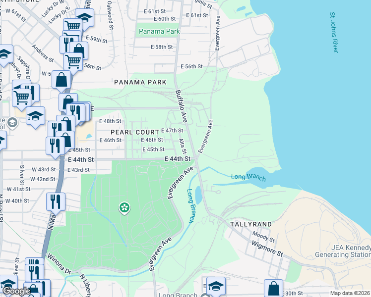 map of restaurants, bars, coffee shops, grocery stores, and more near 5435 Alta Street in Jacksonville