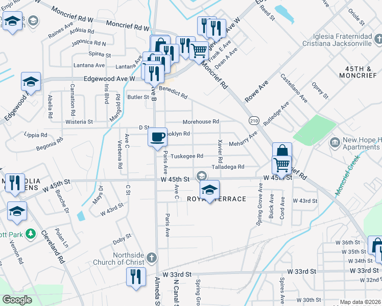map of restaurants, bars, coffee shops, grocery stores, and more near 2105 Tuskegee Road in Jacksonville