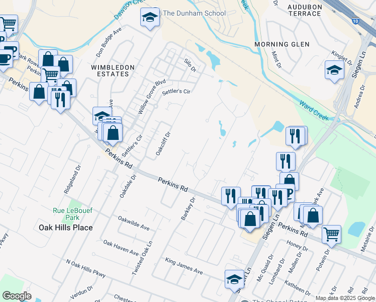 map of restaurants, bars, coffee shops, grocery stores, and more near 11841 Thornberry Lane in Baton Rouge