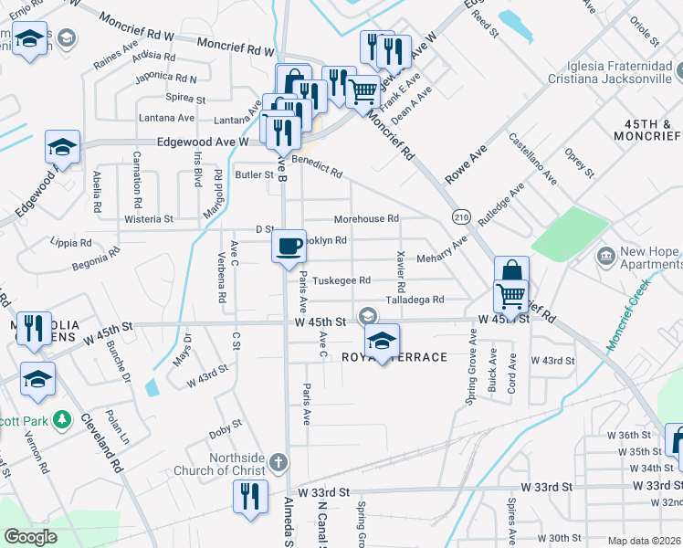map of restaurants, bars, coffee shops, grocery stores, and more near 2105 Tuskegee Road in Jacksonville