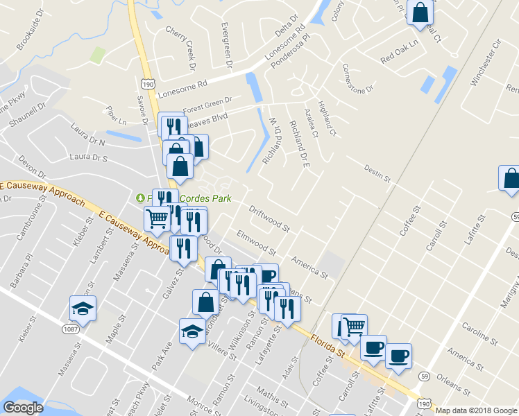map of restaurants, bars, coffee shops, grocery stores, and more near 218 Driftwood Street in Mandeville