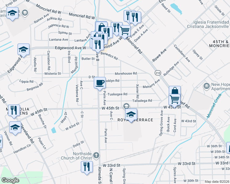 map of restaurants, bars, coffee shops, grocery stores, and more near 2105 Tuskegee Road in Jacksonville