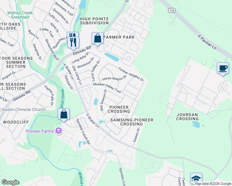 map of restaurants, bars, coffee shops, grocery stores, and more near 1920 Dry Season Trail in Austin